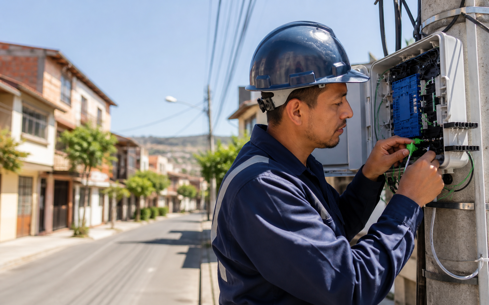 Técnico instalando una conexión de fibra óptica