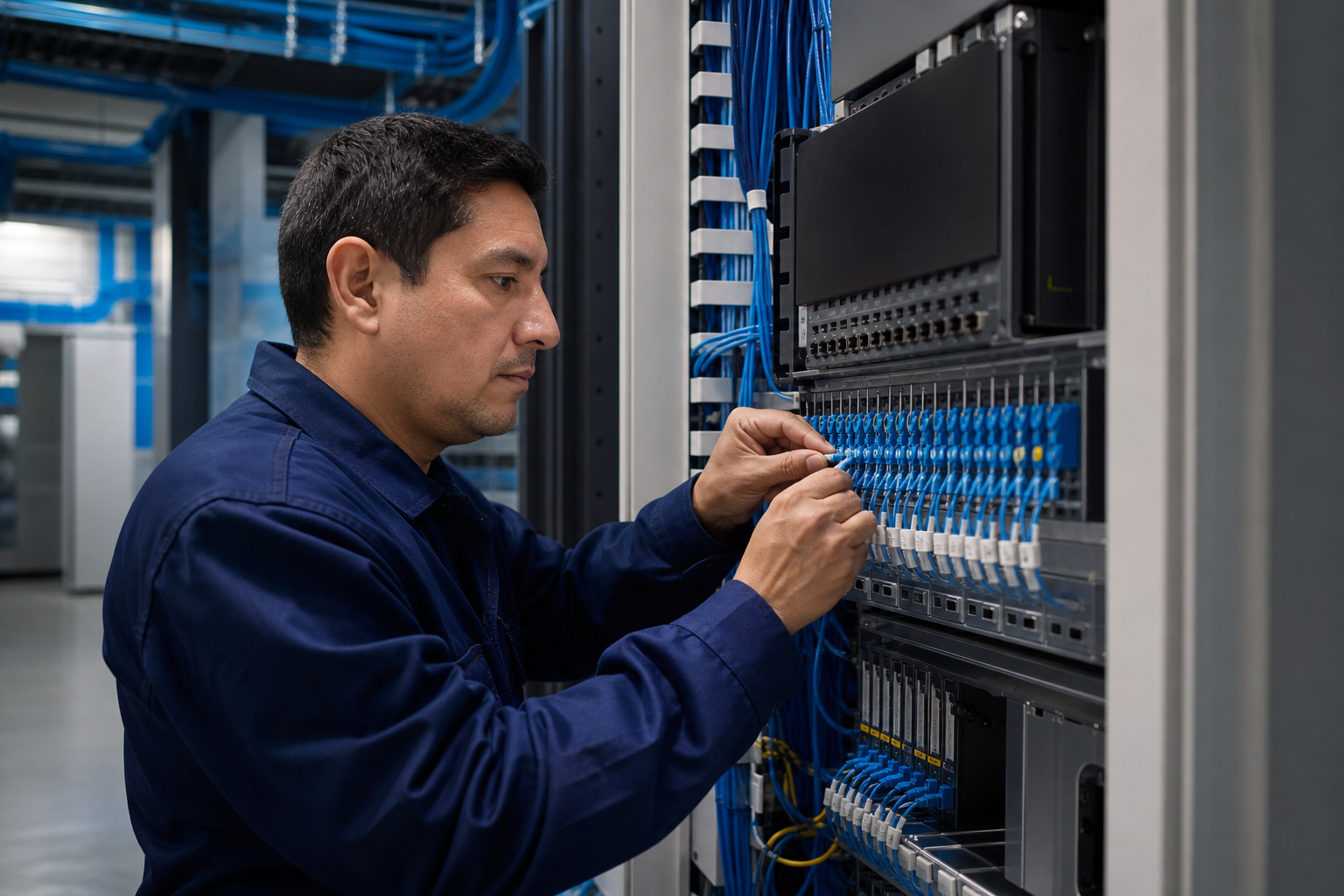 Técnico trabajando en infraestructura de fibra óptica